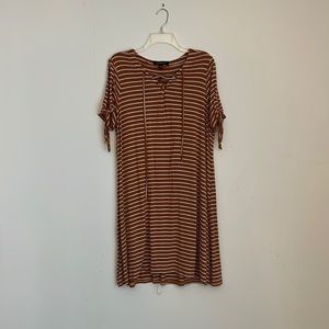Orange striped, short sleeve, cold shoulder dress with ties on sleeves. 1X.